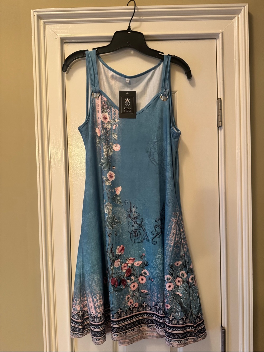 Teal Floral Swing Dress with Pink Blossom Accents size M ETCYY brand